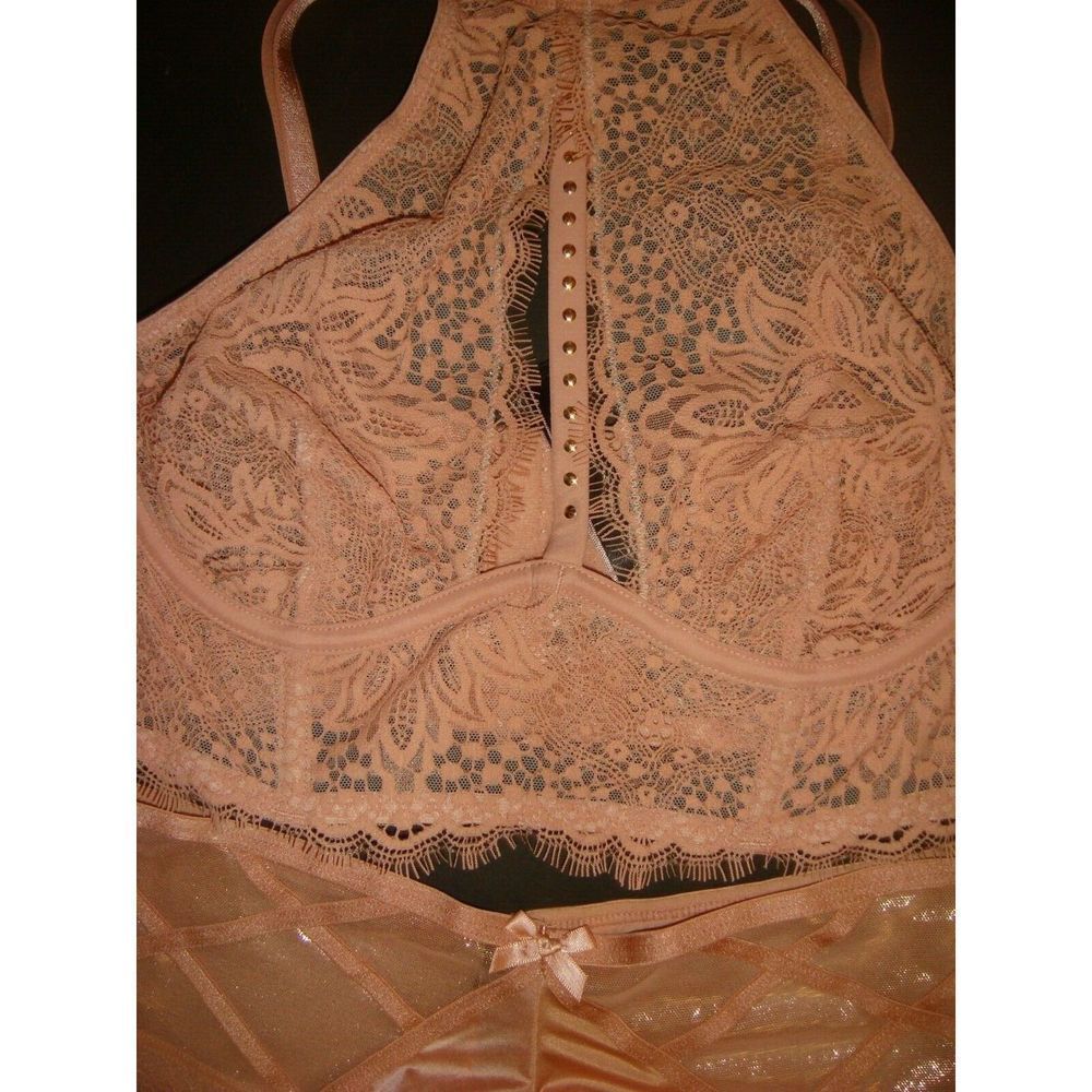 Victoria's Secret unlined high-neck 34C BRA SET panty DULCE de leche lace beaded - Picture 3 of 4